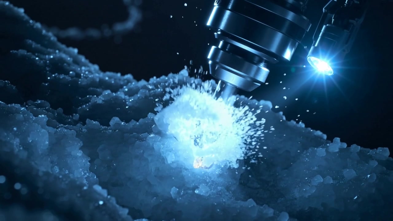 Mandrino metallico rotante che si abbassa e taglia la superficie di cristallo per formare una cavità in laboratorio, con LED blu
