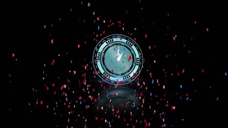 Animation-of-rotating-clock-over-colourful-confetti-falling-on-black-background