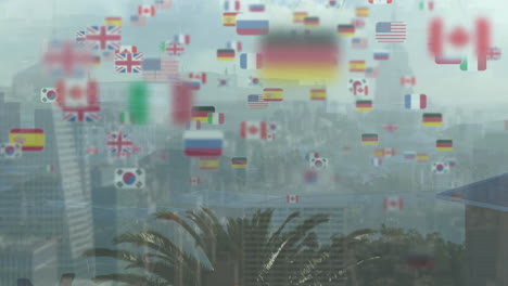 animación de varias banderas de países sobre vista aérea del paisaje urbano moderno contra el cielo