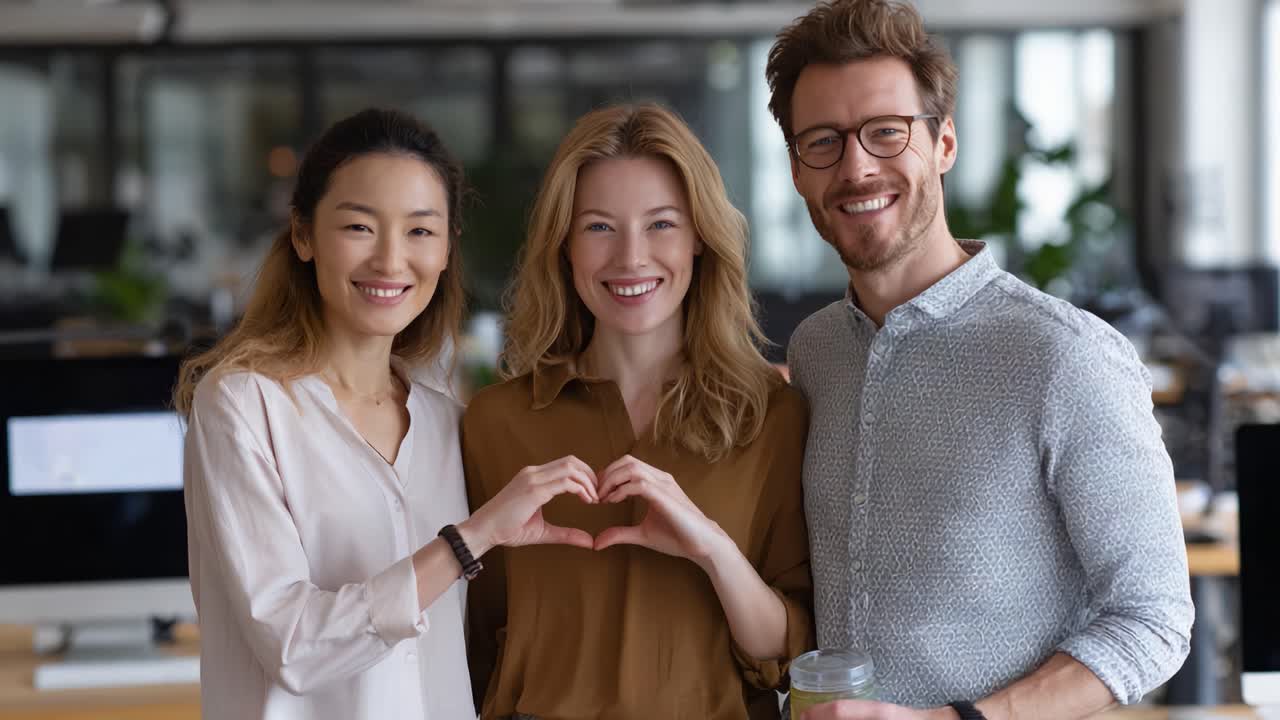 Three Friends Sharing Joy and Affection in a Bright Office Workspace, Creating a Heart Shape with Their Hands and Smiling Happily at the Camera
