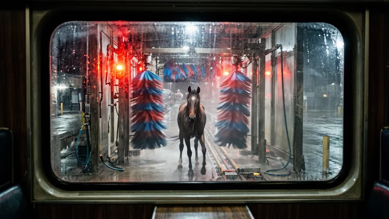 Surreal Scene of a Horse in an Automatic Car Wash at Night