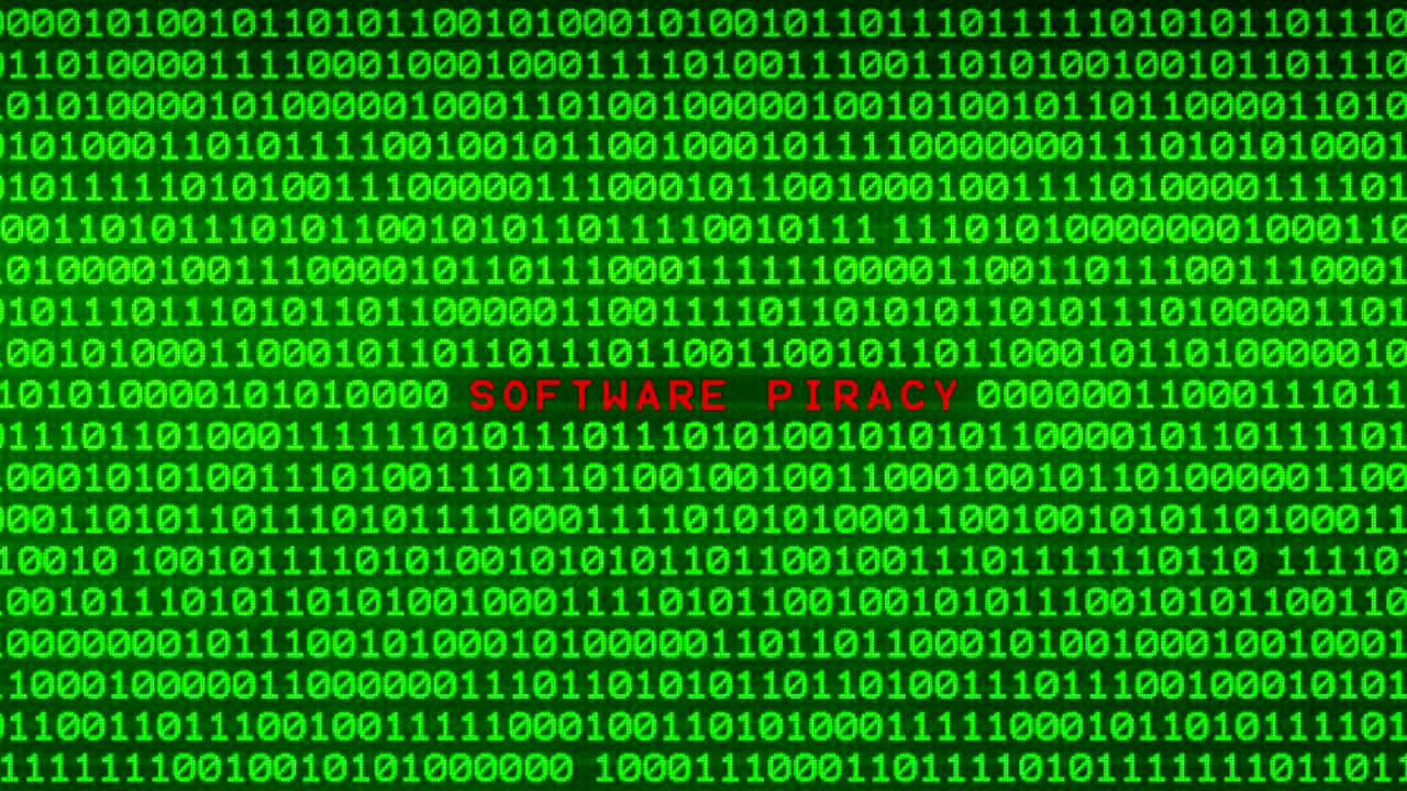 software piratería palabra revelando en la pared de código binario verde entre los datos binarios aleatorios matriz de fondo
