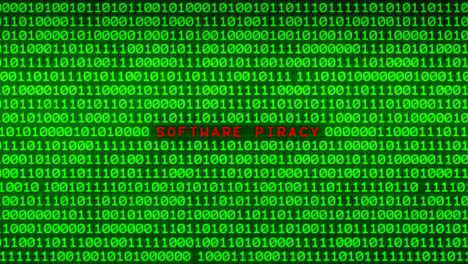 software piracy word revealing on wall of green binary code  between random binary data matrix background