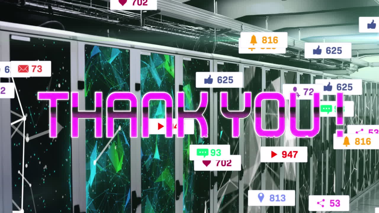 サーバールーム上で成長する感謝のテキストと数字のアニメーション