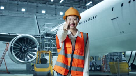 mujer ingeniera apuntando a la cámara en la instalación de mantenimiento de aviones