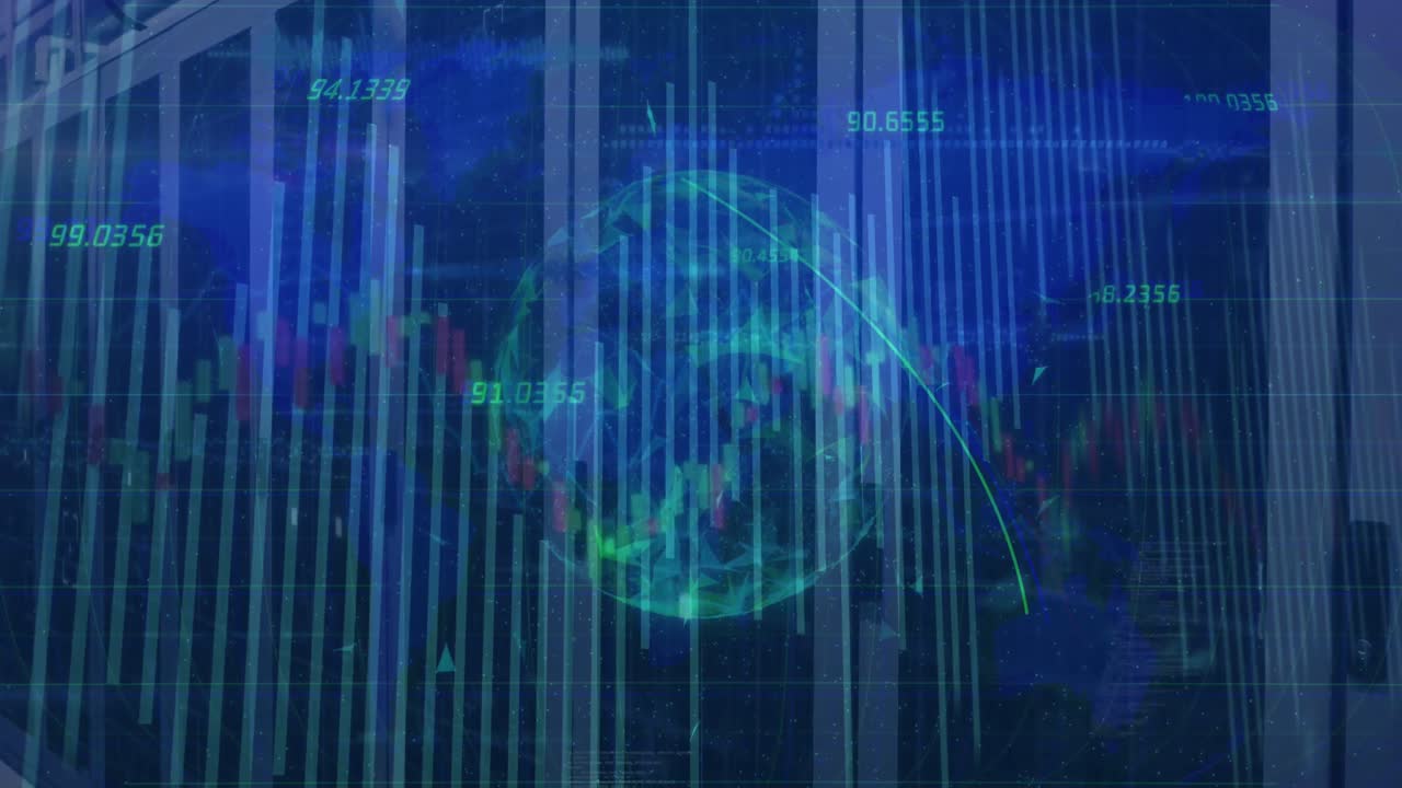 Animation of globe with numbers, lines and graphs moving over data server racks