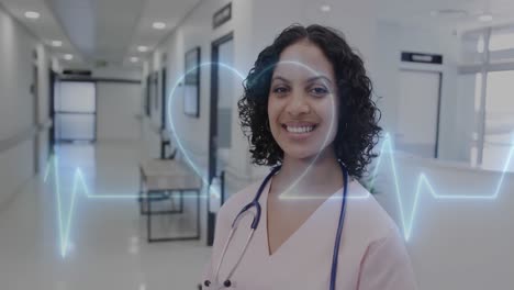 Animation-of-data-processing-over-biracial-female-doctor-smiling