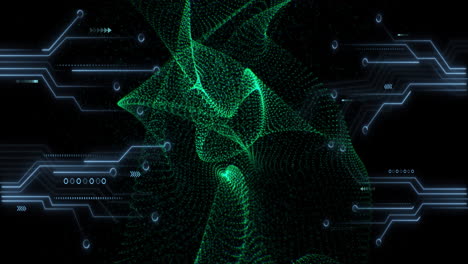animation of light trails, circuit board and data processing over black background
