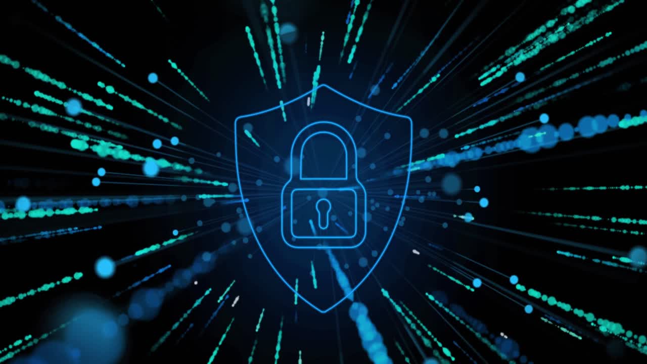 animazione dell'elaborazione dei dati e del lucchetto su sfondo nero