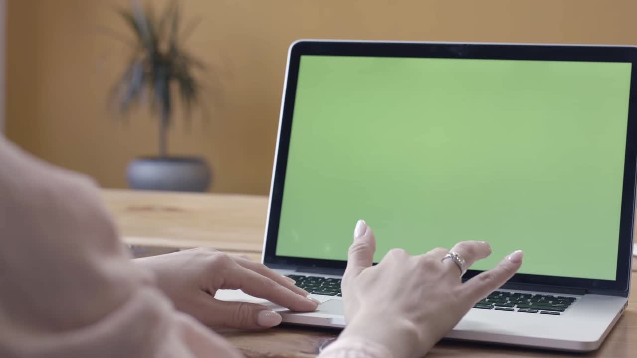 mujer trabajando en una computadora portátil con pantalla verde