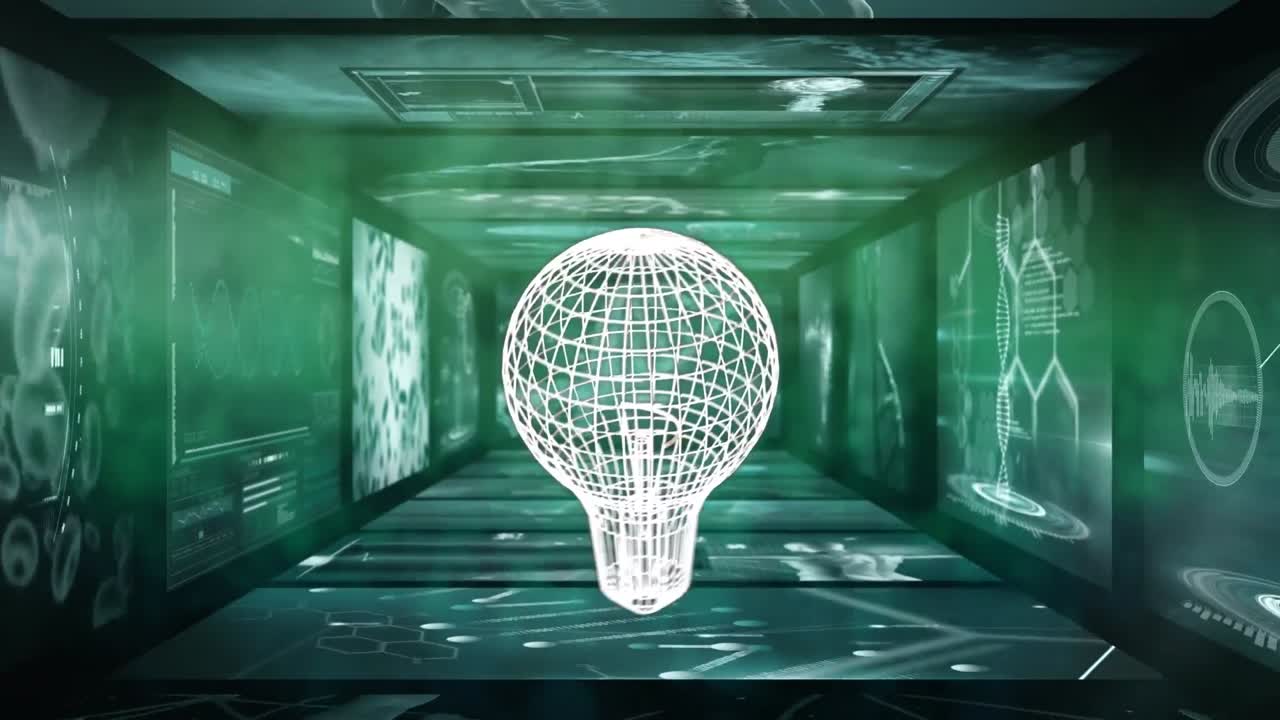 Animation of light bulb icon over data processing on black background