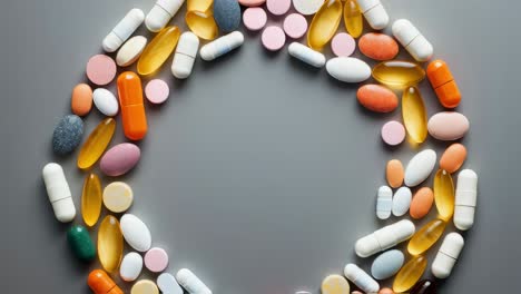 assortment of colorful pills and capsules arranged in a circle on a gray background