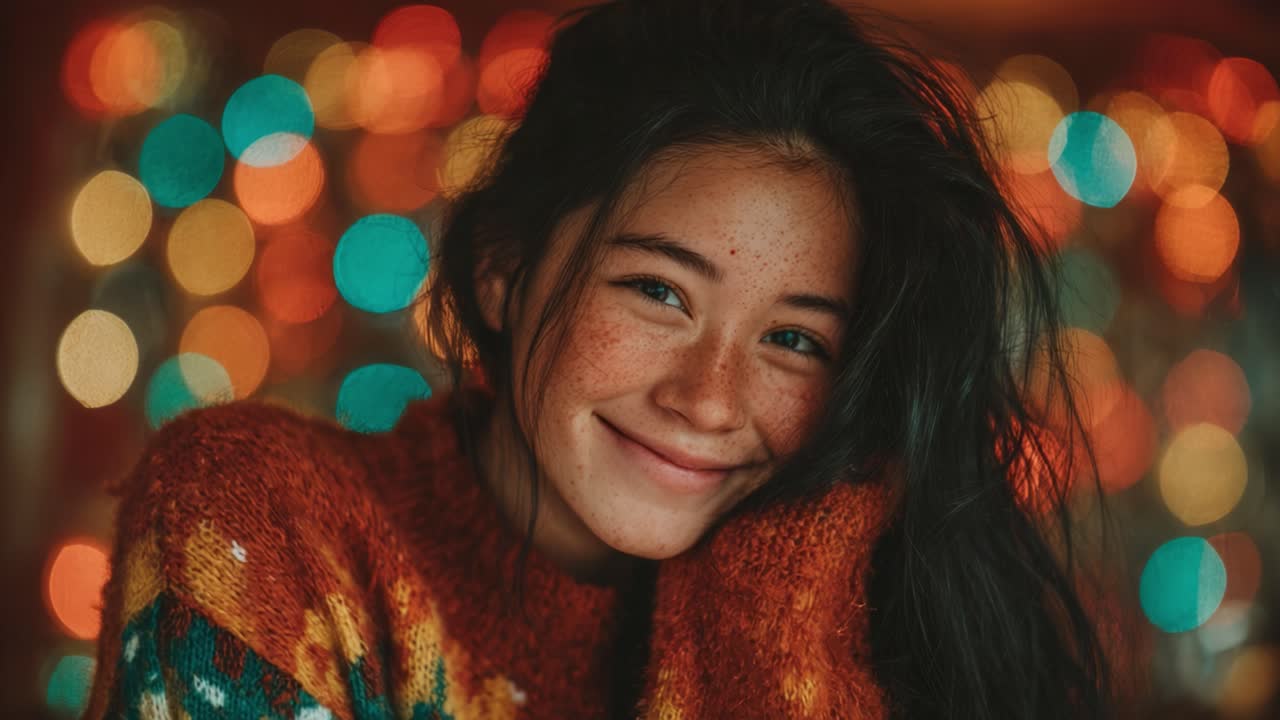 A Warm and Joyful Portrait of a Young Woman Smiling Radiantly Amidst a Colorful Background of Soft Lights, Capturing a Moment of Happiness and Comfort