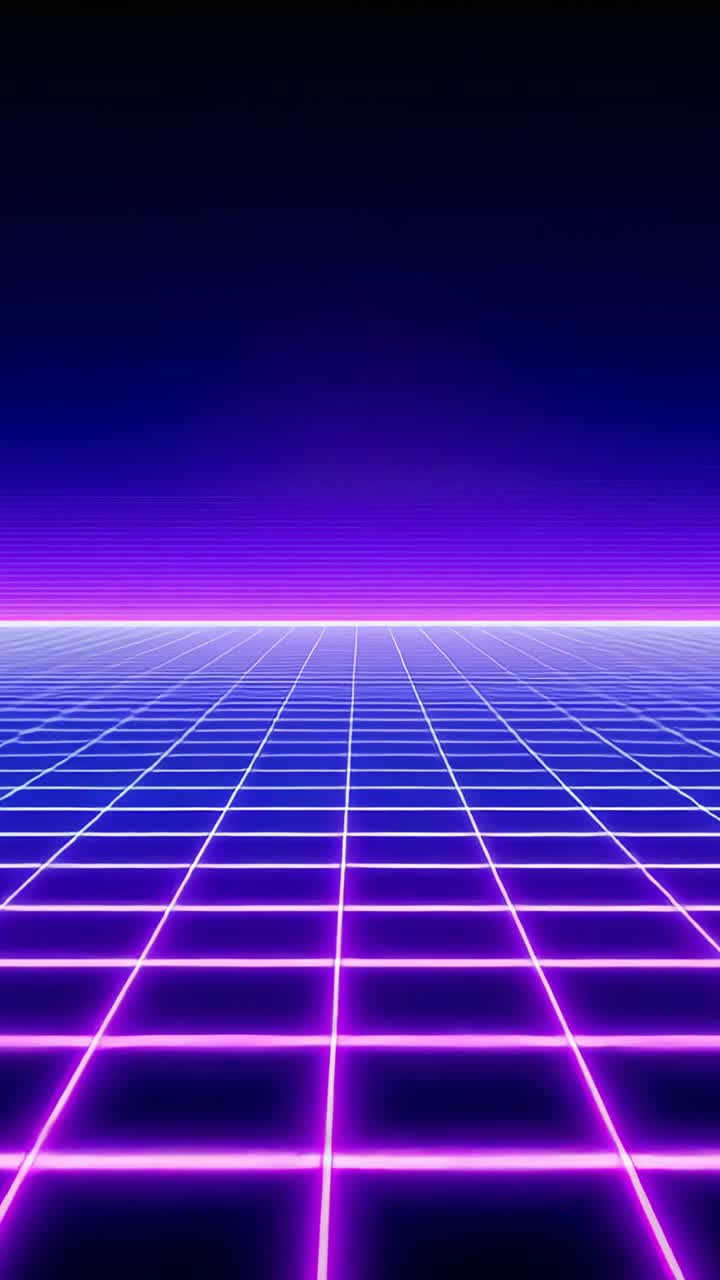 Vertical video: Displaying neon grid spanning toward purple horizon under static blue-purple sky