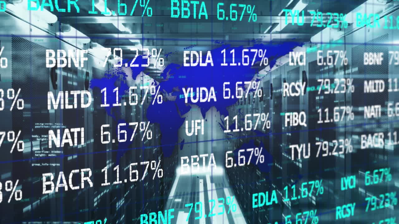 Animation of stock market data processing over world map and mosaic squares against server room