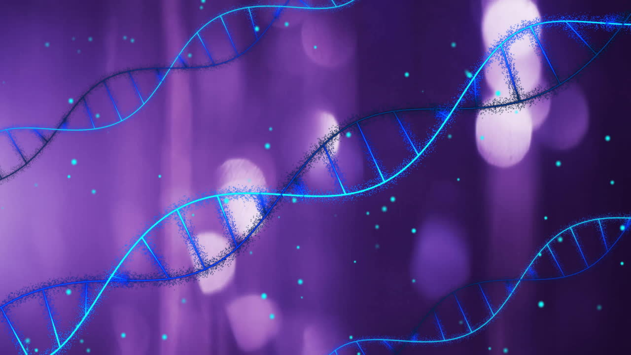 cadenas de adn y partículas sobre un fondo púrpura, animación científica