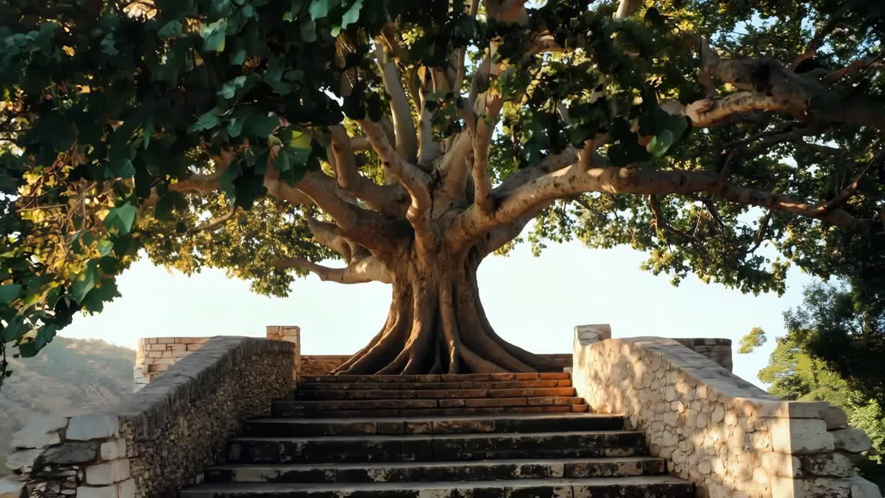 Uma árvore grande no topo de uma escada