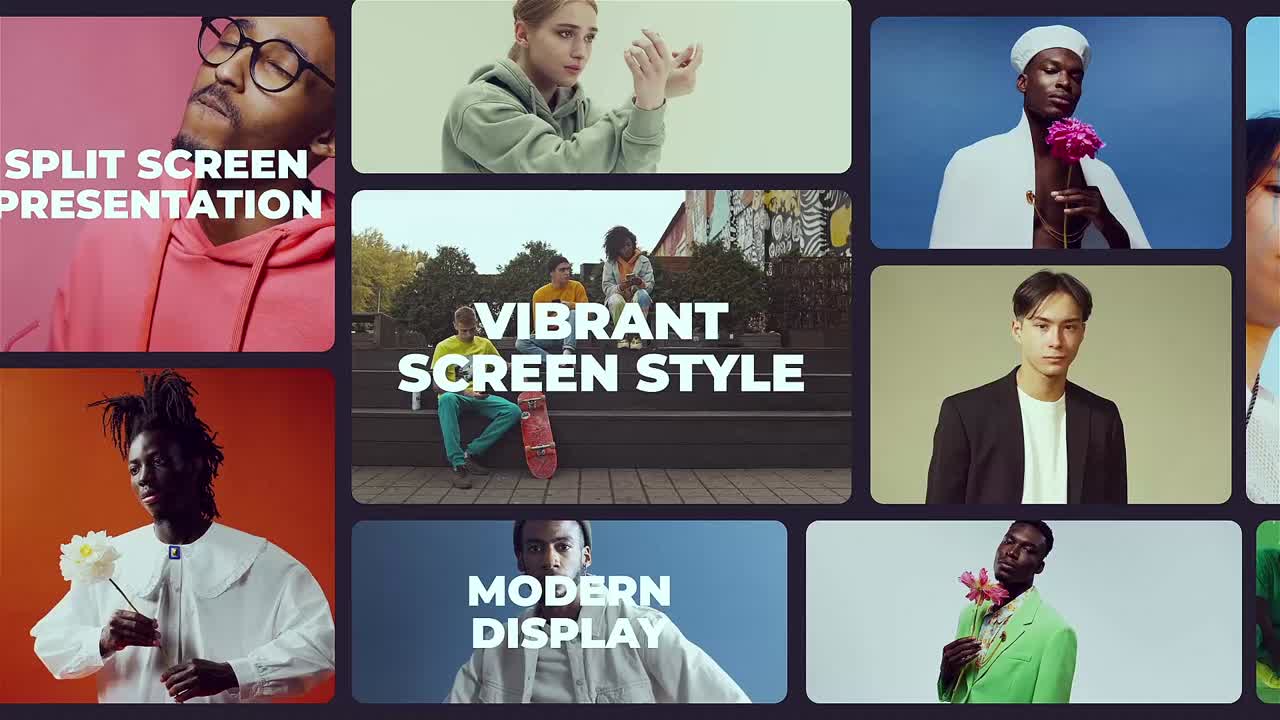 Multiscreen slideshow with animated layouts to showcase photos and video content