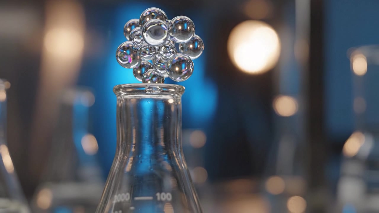 Laboratorieeksperiment med kolbe og bobler: Et nærmere kig på videnskabelige innovationer og kemiske reaktioner fanget i fantastisk makrofotografering.