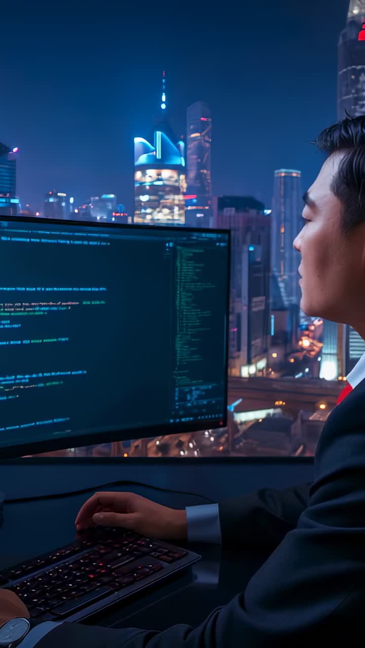 Vertical video: Typing coder working late, pausing at keys, gazing at skyline in office, copy space