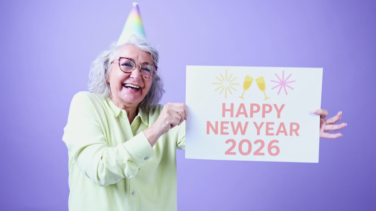 Starsza kobieta w czapeczce imprezowej trzymająca tabliczkę „Szczęśliwego Nowego Roku 2026”