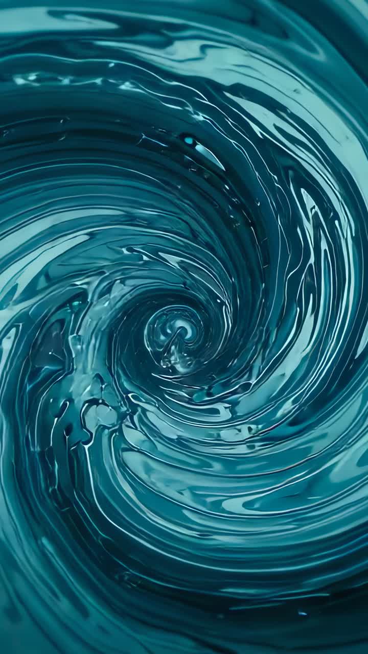 Vertical video: Forming swirl, glossy teal liquid tightening inward in macro creating central eye
