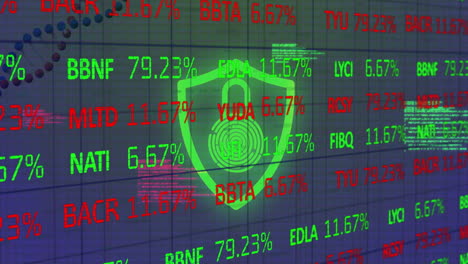 animación del procesamiento de datos financieros sobre el icono de padlick brillante