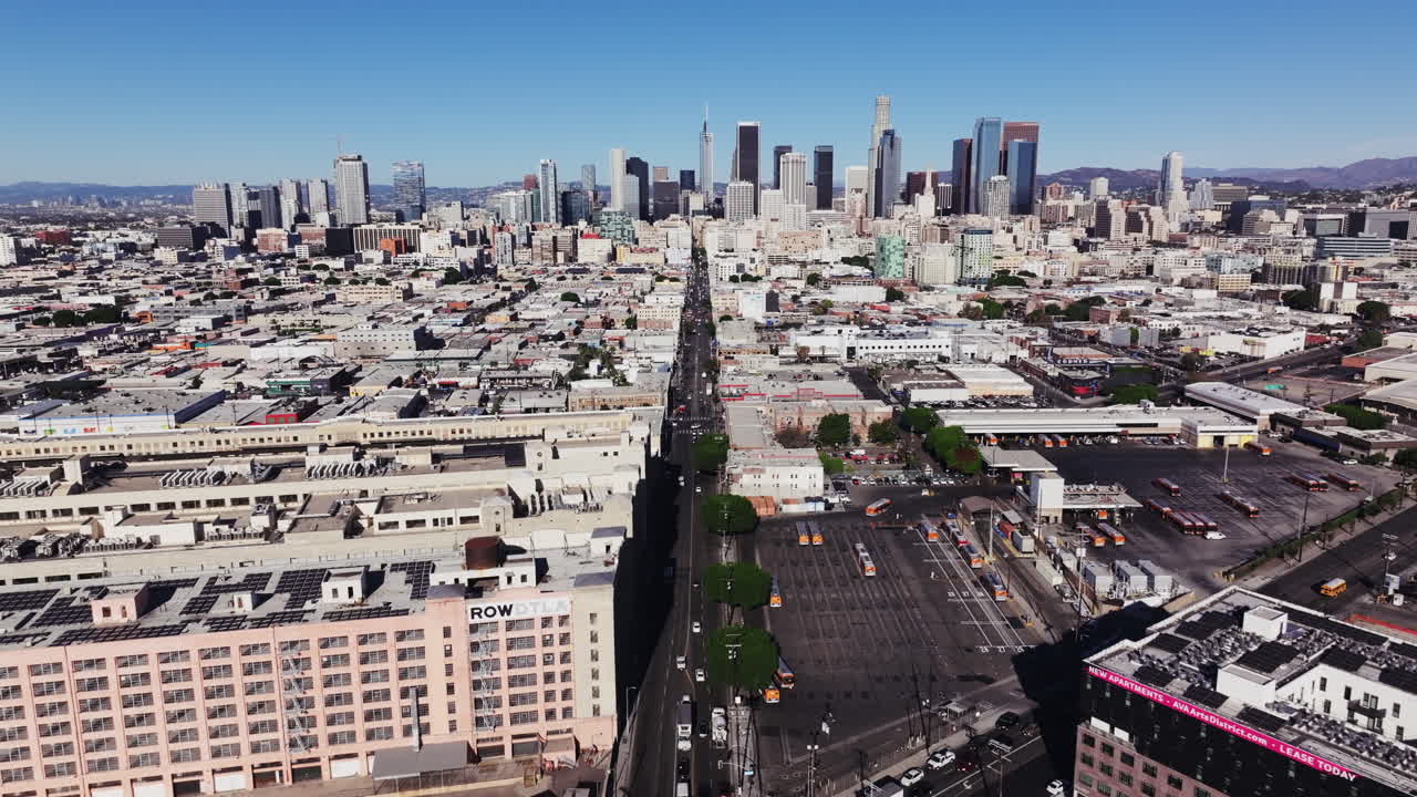 Aerial view of downtown Los Angeles cityscape with buildings and skyscrapers