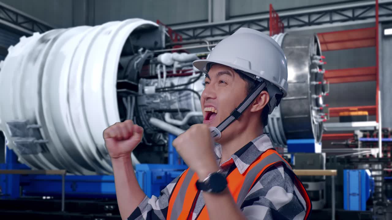 Close Up Of Side View Of Asian Male Engineer With Safety Helmet Screaming Goal Celebrating Working With Airplane Engine Maintenance Conducted, Analytics Checking the Turbine