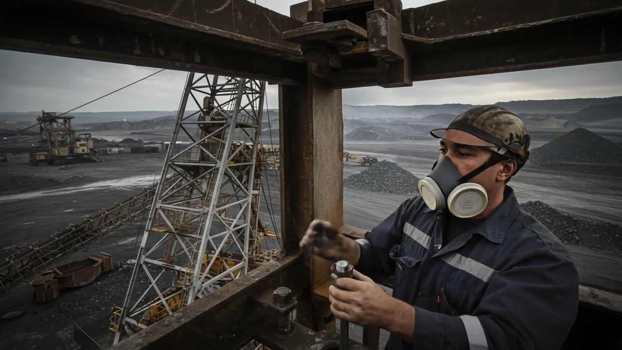 A Construction Worker Engaged in Heavy Machinery Maintenance Amidst an Expansive Industrial Landscape, Highlighting Manual Labor and Safety Protocols in Mining Operations