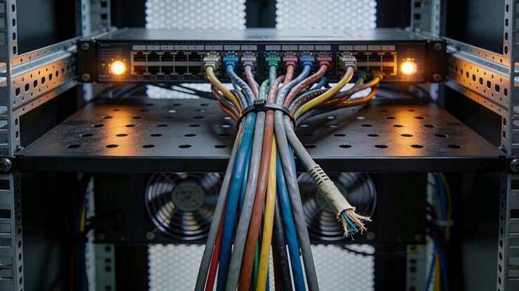 Receiving traffic causing amber LEDs flashing, bundle flexing at patch panel, frayed cable hanging