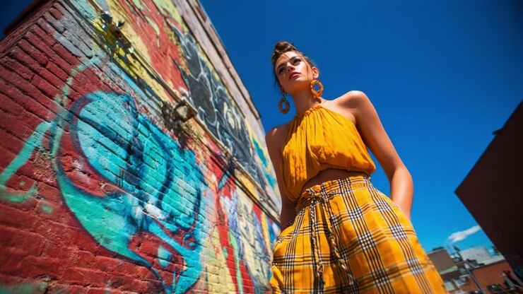 Renkli bir şehir fonunda canlı bir moda ifadesi: Bir model, parlak mavi bir gökyüzünün altında büyüleyici bir graffiti duvarının ortasında dikkatleri üzerine çeken ekose pantolonlu, cesur sarı bir kıyafet sergiliyor
