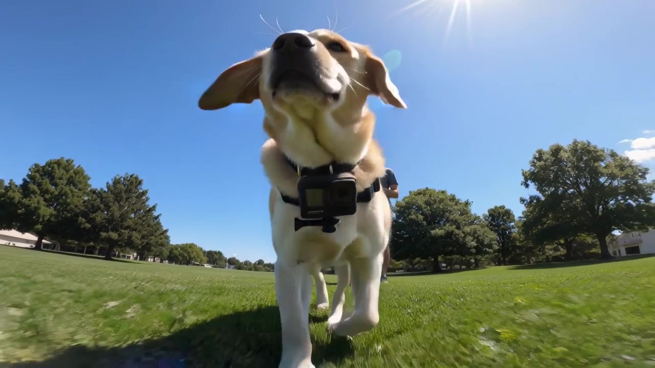 Un labrador giallo che cammina con pettorina e telecamera sul petto, un uomo vestito di blu che preme il telecomando per filmare il prato.