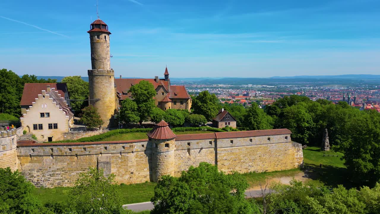 4K Aerial Drone Video of the Historic Bamberg Castle Overlooking Bamberg, Germany on a Beautiful Spring Day