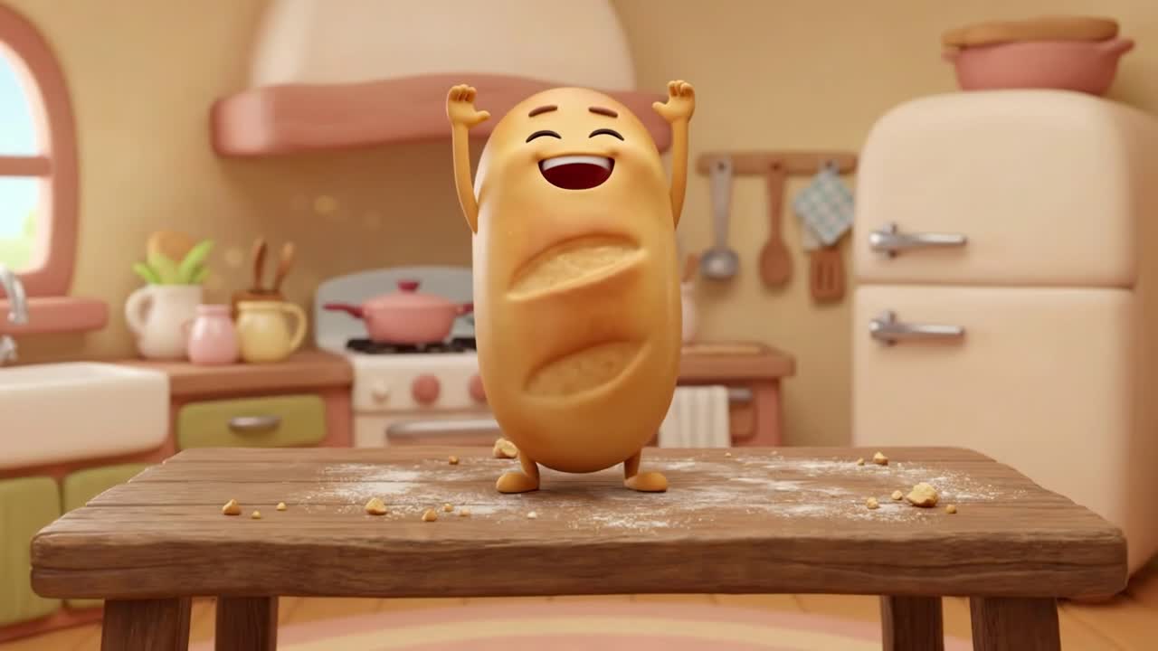 Animated Cartoon Bread in a Kitchen | Premium Stock Video Footage