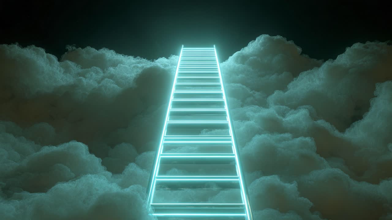 Surreal low angle view of a glowing turquoise neon ladder ascending into the dark night sky, moving endlessly upwards through thick, dreamlike clouds representing a stairway to heaven or success