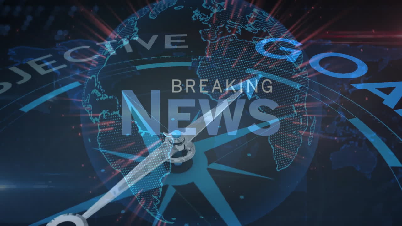 Breaking news animation over digital globe with compass and red light effects