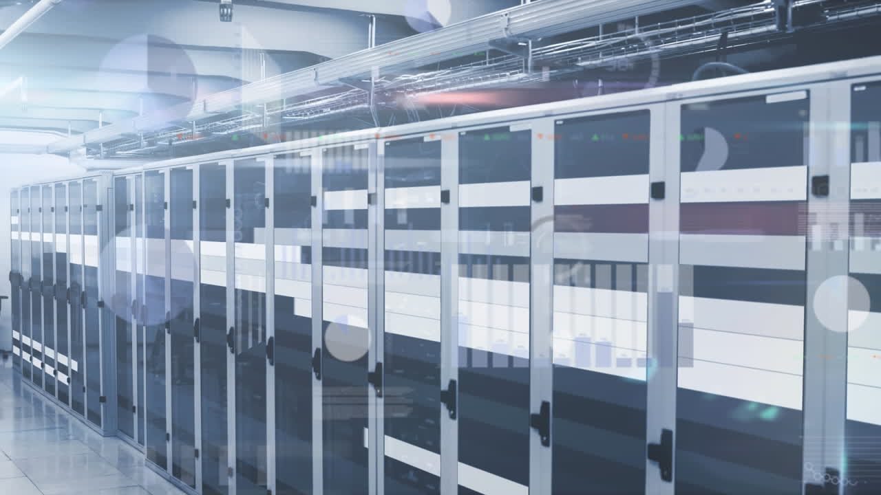 컴퓨터 서버와 함께 기술 방에서 통계 및 데이터 처리의 애니메이션