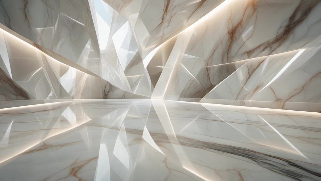 Interior Abstrak Modern dengan Dinding Marmer Geometris dan Pencahayaan Lembut