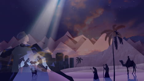 animation of silhouettes in desert landscape under starry sky with animals