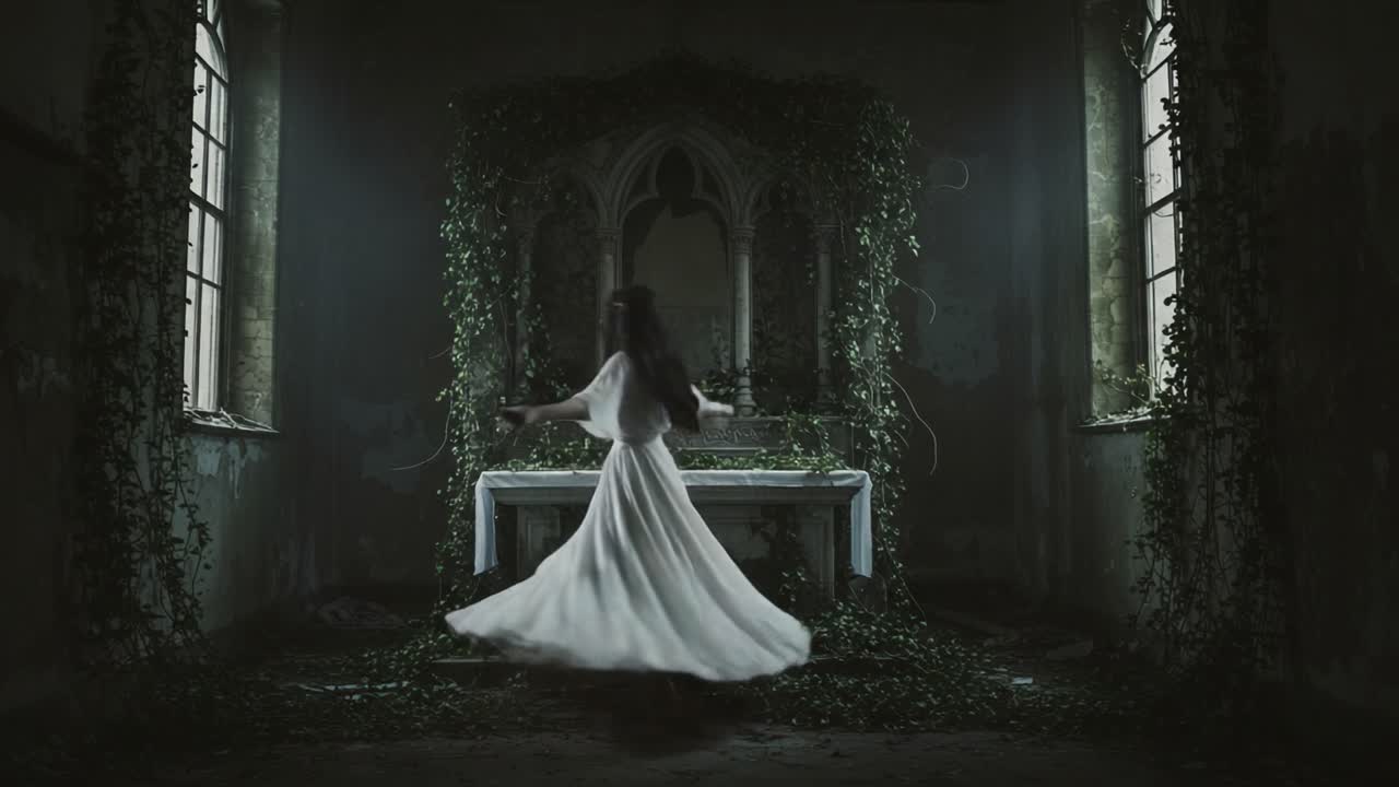 A Haunting Presence: A Mysterious Woman in a Flowing White Dress Wanders Through an Abandoned, Overgrown Sanctuary with Ethereal Atmosphere and Shadowy Light