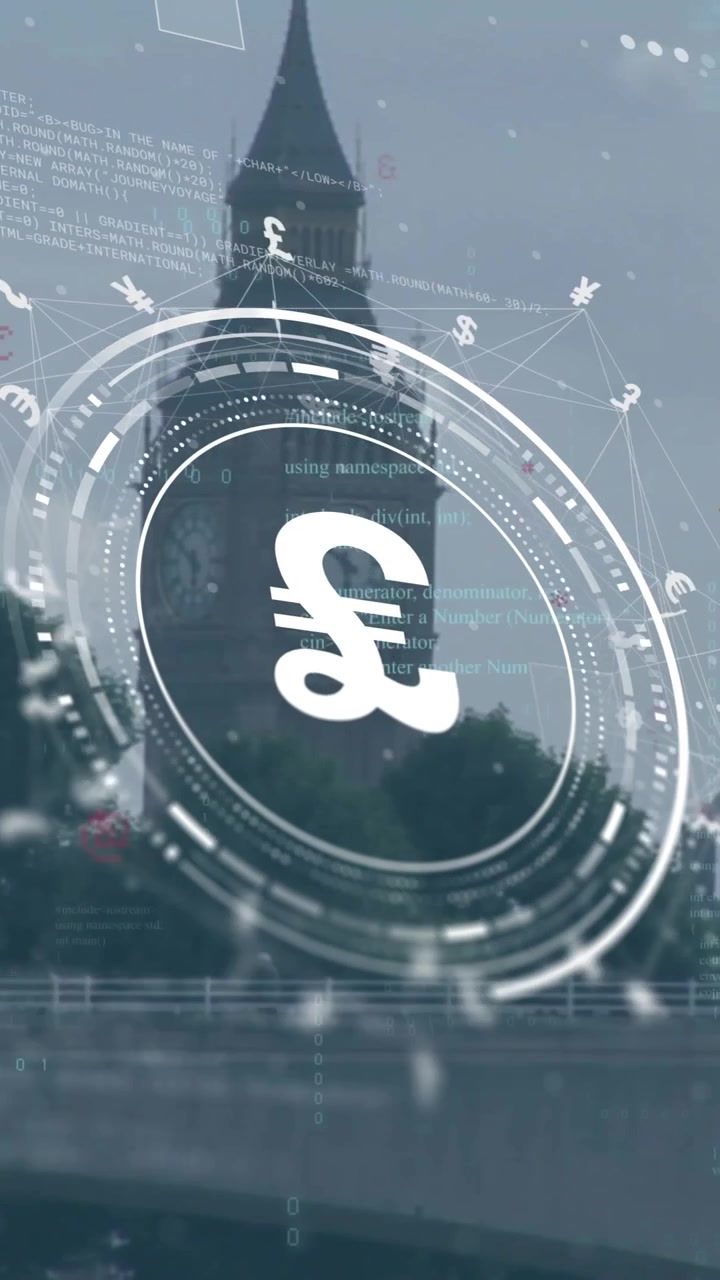 Animazione del simbolo della sterlina e elaborazione di dati finanziari su uno skyline cittadino