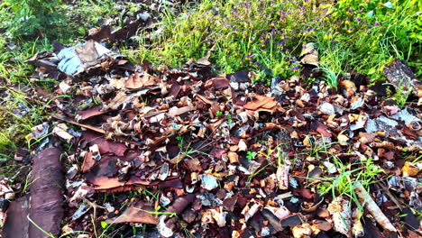 environmental pollution with ground filled up with litter, rusted metal
