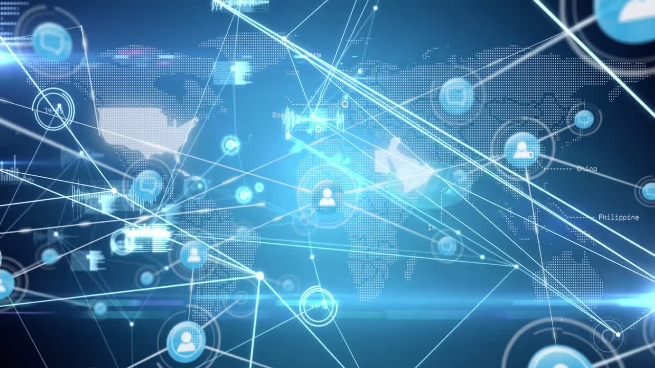 파란색 배경에 대한 세계 지도 위의 디지털 아이콘 네트워크와 빛의 점의 애니메이션