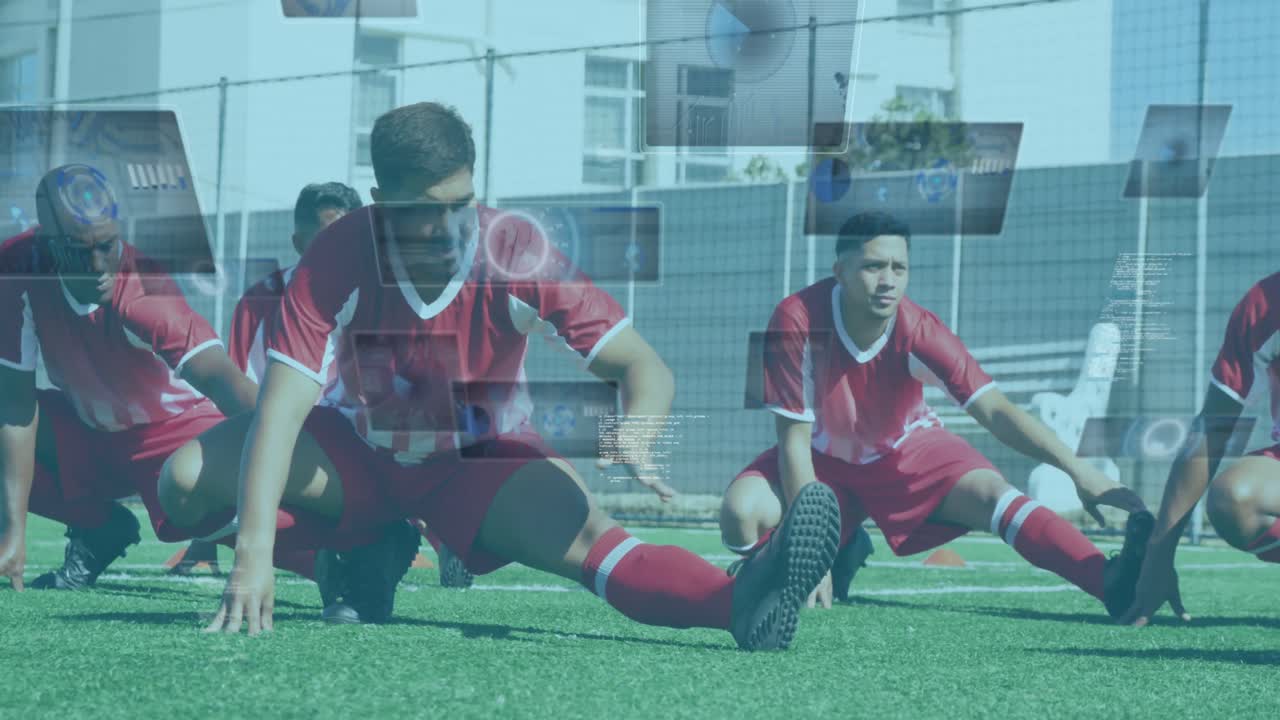 남자 축구 선수들이 스트레칭하는 화면에서 스 ⁇ 의 애니메이션과 데이터 처리