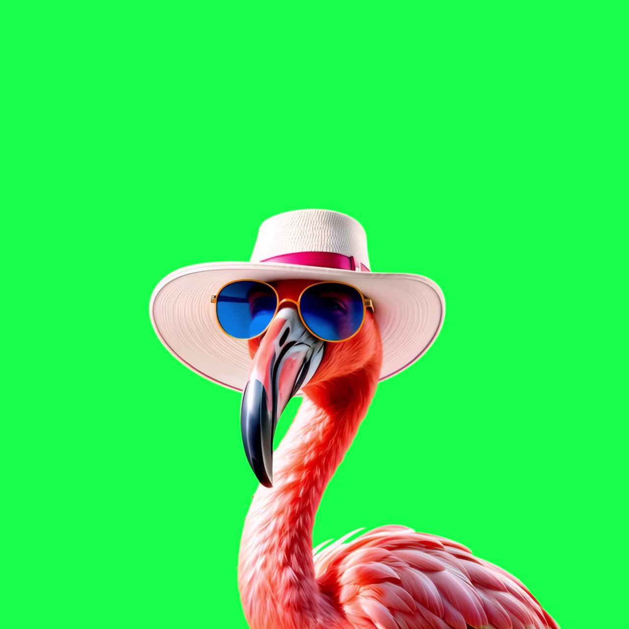 Flamingo wearing stylish summer accessories animation, transparent 4K video, green screen