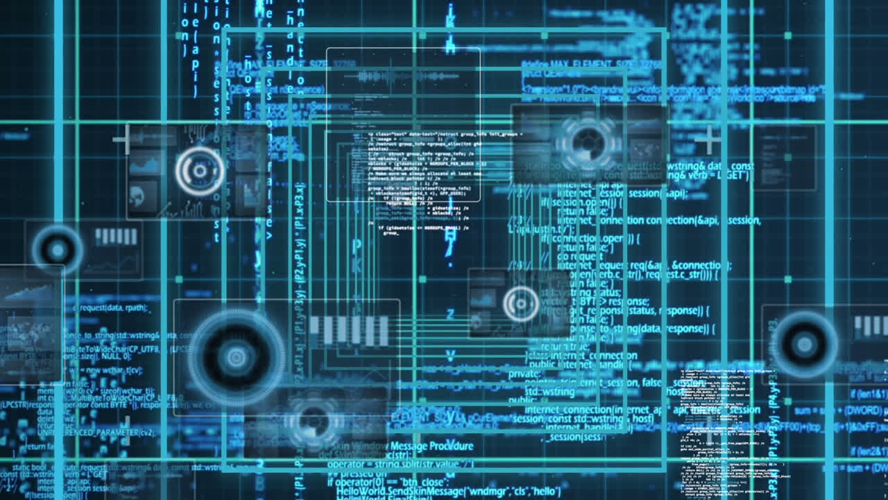 Animation of squares over diverse data processing on dark blue background