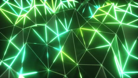 abstracto baja superficie negra poligonal que brilla en los bordes. bucle sin costuras 4k cg tecnología de fondo de movimiento. segmentos de un triángulo. líneas de marco de alambre de neón ultravioleta en el espectro de color violeta azul.