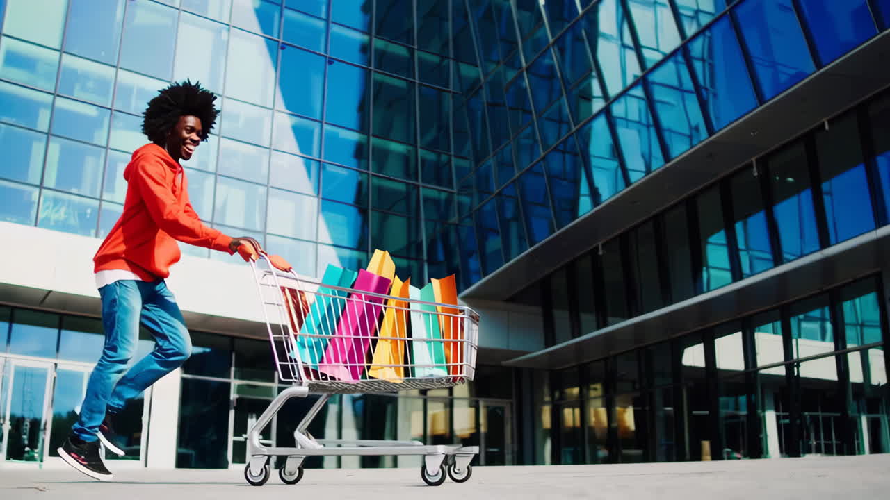 Young Man Running with Shopping Cart Full of Colorful Bags Outside a Modern Mall
