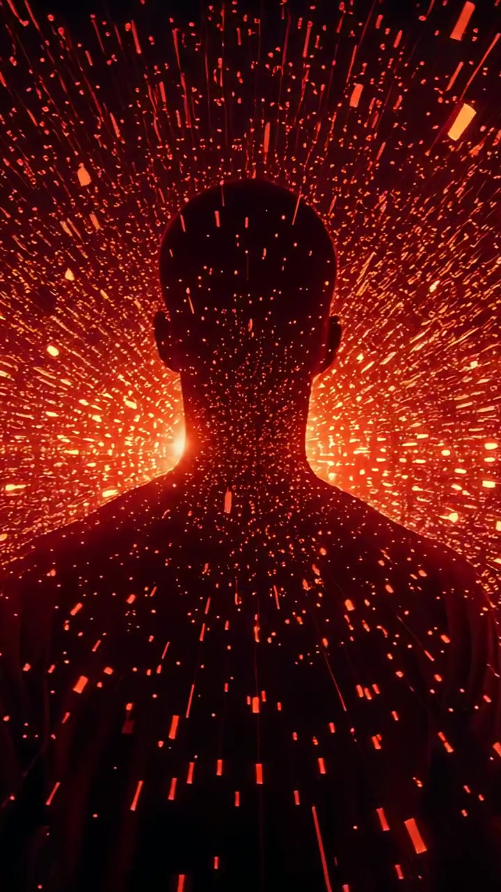 Video vertical: Persona de pie con una parte superior oscura frente a un destello que se eleva en un estudio, con rayas rojas formando un halo.